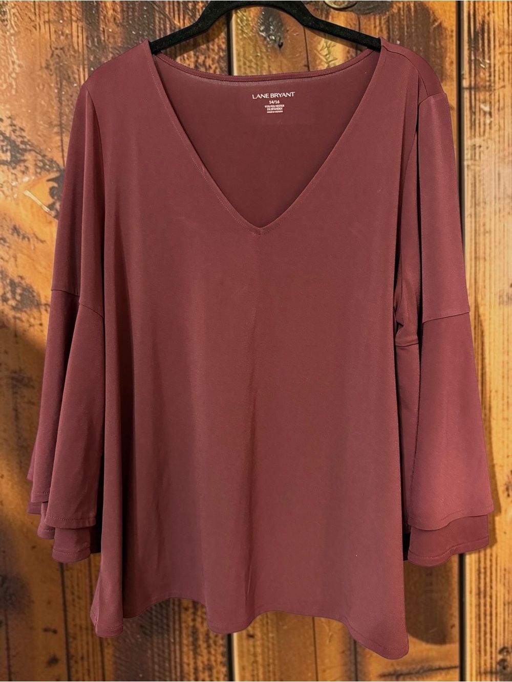 Lane Bryant Wine Burgundy V-Neck Top Tiered Bell Sleeve Plus 14/16